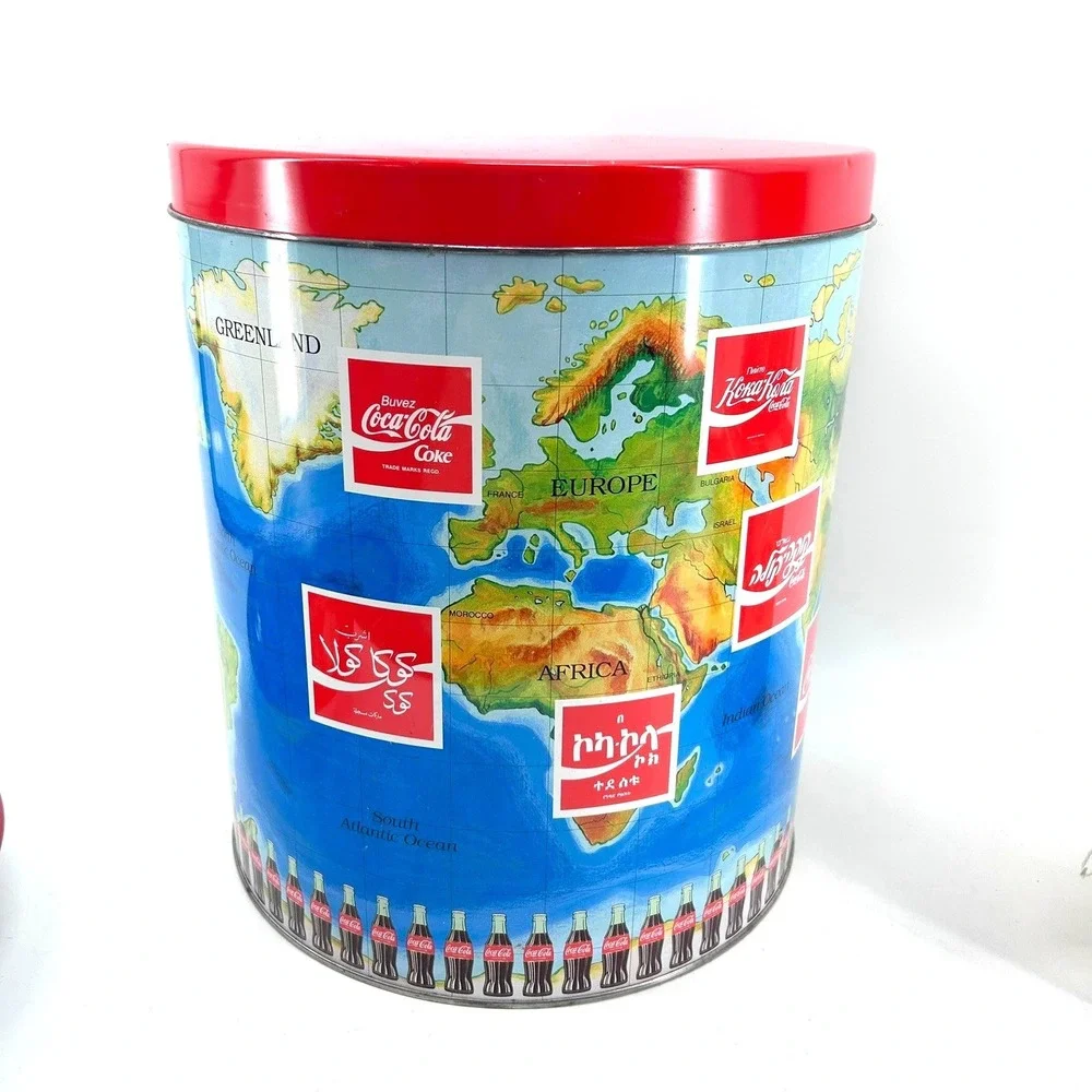 Vintage Coca-Cola Collectible Tin Lot World Map Carrier Tray Lunch Box 5pc Set